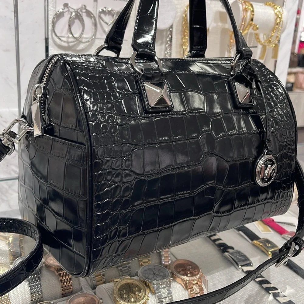 Michael Kors Grayson Medium Crocodile Embossed Leather Satchel Black  NWT